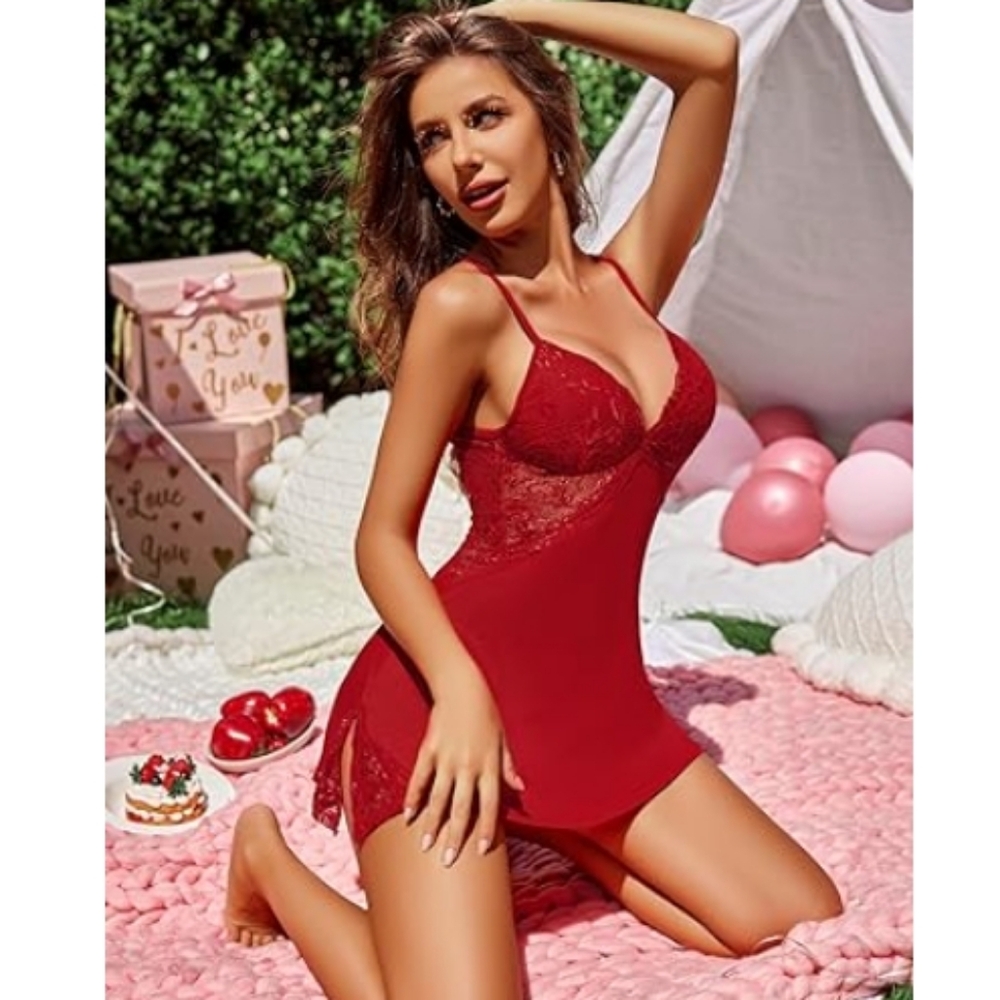 Nightie Lingerie Lace Chemise Sleepwear Babydoll Teddy Nighty Dark Red
